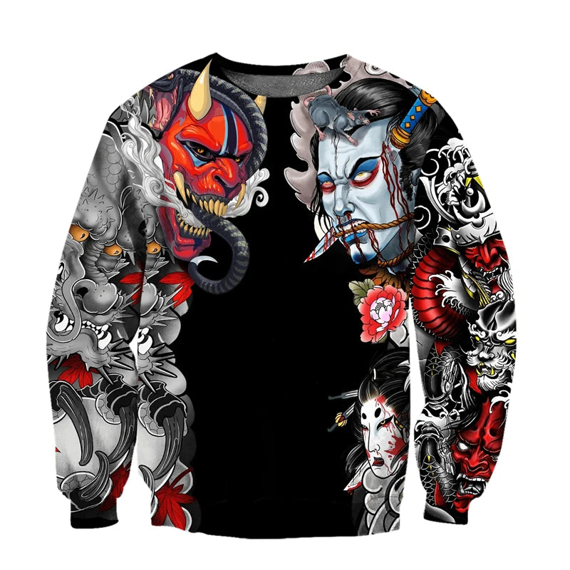 Japanese Mythology Mask Printed Sweatshirt Men's Clothes Harajuku Street Pullover Top 3D Printed Mysterious Culture Sweatshirts