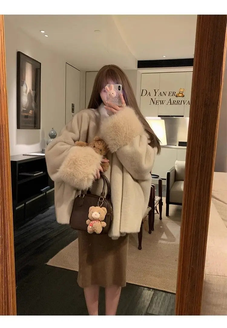 Women Autumn Winter Plush Coats Elegant Solid Color Office Patchwork Cuff Collar Loose-fit Coat V-neck Chic Fashionable Jackets