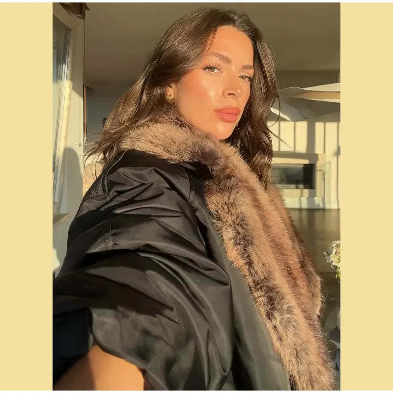 Street Faux Fur Patchwork Cropped Coats Women Loose Lapel Full Sleeve Pockets Warm Jackets 2025 Winter Lady Fashion Outwear