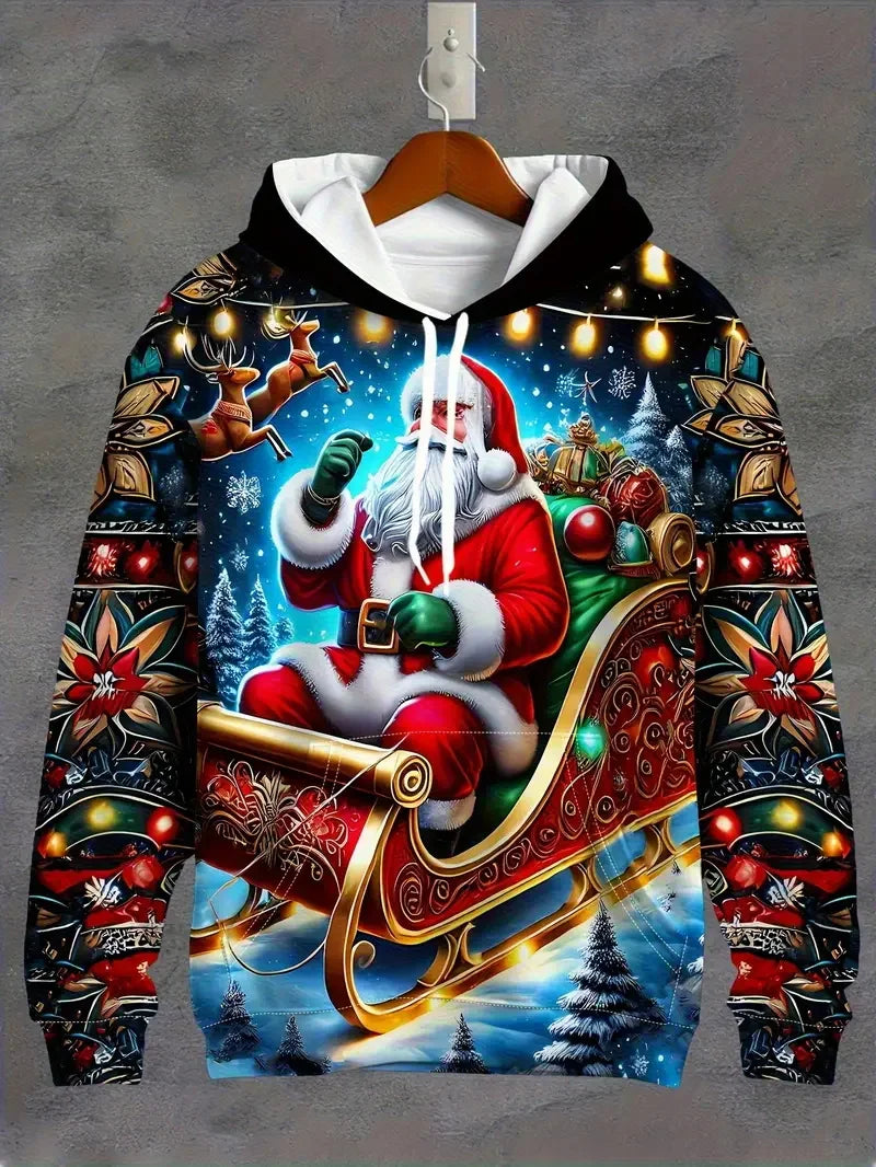 Men'S Santa Claus Motorcycle Hoodie Full Print Christmas Pullover Sweatshirt With Santa Riding Motorcycle Men's Sweatshirt