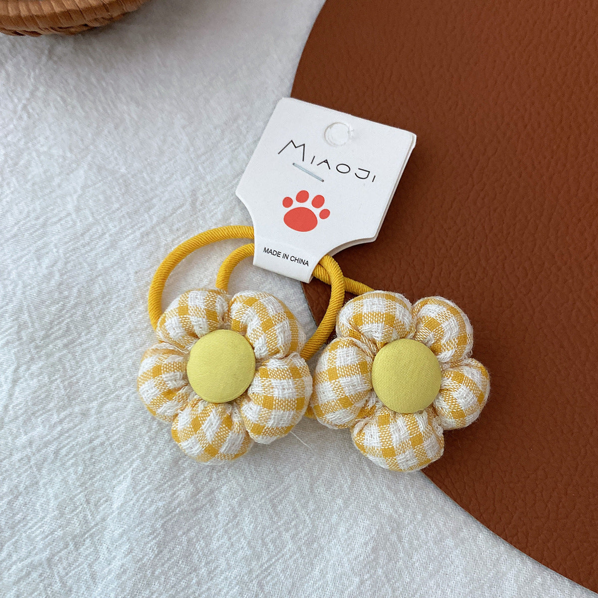 Girls Fabric Checkered 3D Flower Candy-Colored Hair Elastic Accessories